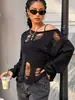 Top de Mujer de Estilo Coreano, Nicho, Hombros Descubiertos, Casual y Holgado, Nuevo Estilo Otoño 2026, Suéter Roto Calado, Mangas Largas