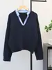 Camisa de retalhos estilo coreano, suéter de gola V com efeito de duas peças, pulôver, novo outono 2026, top de malha solto e versátil para mulheres