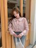 Em estoque tiro real rosa coração de menina jovem ~ Gola Peter gravata borboleta camisa de manga comprida solta micro transparente camisa pequena feminina