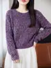 Blusa de Tricô com Lantejoulas Gola Redonda Manga Longa Feminina Suéter Outono Inverno Brilho Fino Luxo Leve Temperamento Emagrecimento Estiloso Camada Base