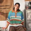 Camiseta de Verano Fresca para Mujer con Rayas de Bloques de Color Calados de Punto de Manga Corta Estilo Coreano Camisa Polo