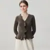 Estilo outono e inverno, jaqueta cardigã de caxemira com mangas sino e borda ondulada tridimensional para mulheres, blusa de tricô de manga longa, top elegante