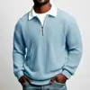 Camisa Suéter Casual Esportiva Masculina Europeia e Americana Outono Amazon Cor Sólida Padrão Waffle Grande Manga Longa Gola Reversível com Zíper