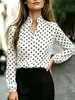 Camisa casual versátil retrô de manga comprida com gola alta, abertura frontal e estampa de bolinhas, transfronteiriça europeia e americana da Amazon para mulheres