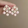 Pendientes de Borla de Flor de Perla Rosa Plateada Clavos de Oreja Pequeños Frescos Estilo Mori Accesorios de Oreja de Alta Gama Moda Venta al por Mayor