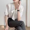 Camisa Azul com Laço Design Feminino Senso Profissional Temperamento Camisa Top de Cetim Amarração