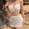 Bikini Coreano de Tres Piezas para Mujer, Sexy Traje de Baño de Cintura Alta de Color Sólido Push-Up con Acolchado Grueso