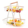 Conjunto destacável Armazenamento de camada dupla Cesta portátil de madeira conveniente Cesta de frutas de ferro Armazenamento de cozinha Cesta de armazenamento de sala de estar
