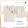 Pijama Feminino de Verão 100% Algodão Manga Curta Shorts Estilo Coreano Feminino Manga Meia Mão Roupas de Casa Verão Casual Conjunto de Duas Peças