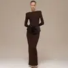 Estilo Ligero Maduro Europeo y Americano Otoño Elegante Nuevo Color Puro Cuello Redondo Vestido Plisado Sexy Ajustado con Caída Falda Larga para Mujer