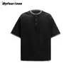 Camiseta de Punto Texturizado Henley con Cuello Americano Retro Cosida a Mano Marca de Moda Unisex Estilo Old Money Top Cuadrado de Manga Corta