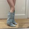 Mulheres Botas Longas Salto Alto Pontudo Botas de Cowboy Ocidentais Retro Azul Salto Grosso Grande Wose Calças Botas Cavaleiro Botas Altas