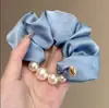 Azul Marino Cremoso~Lazo para el Cabello Estilo Coreano Borde de Perla Satinado, Suave Elegante, Cola de Caballo Baja, Goma Elástica de Viaje de Gama Alta