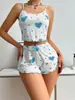 Roupa de Dormir Feminina Transfronteiriça 2024 Camisola com Estampa de Coração Shorts Casual Canelado Pode Ser Usada Fora Estilo Europeu e Americano