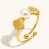 Estilo Transfronterizo Europeo y Americano Nicho Retro Joyería Acero Inoxidable Chapado en Oro de 18K Perla Artificial Anillo Abierto para Mujeres Lujo Ligero