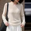 Nuevo suéter de punto sin costuras de Tencel y lino para mujer de principios de otoño con bordes enrollados, cuello redondo, mangas largas, camiseta básica simple