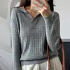 Outono e Inverno Algodão Puro Estilo Coreano Gola Pequena Torcido Suéter Feminino Camisa de Base Tricô Versátil Gola Polo Decote V Tricô