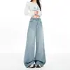 Tacto de seda helada, tejido Tencel duradero y versátil, diseño de botón en bolsillo trasero, jeans de pierna ancha para mujer, compatible con envío directo