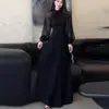 Vestido largo de manga larga estilo francés, sofisticado, con cuello semi-alto, paneles de malla y plisados para mujer, perfecto para otoño, con una cintura favorecedora y una silueta fluida.