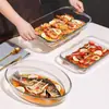 Prato de peixe de vidro resistente ao calor, travessa grande para cozinhar no vapor para uso doméstico, adequado para micro-ondas e forno, utensílio de cozinha e travessa especializados