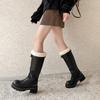 Botas de Nieve Gruesas de Lana y Piel de Vaca Resistentes al Frío y Cálidas para el Noreste 2024 Suela Gruesa Tacón Alto Grueso de Cuero Botas Esponjosas de Tacón Alto