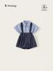 Conjunto de Uniforme Escolar de Verano para Niños Niños: Conjunto de Dos Piezas Estilo Universitario: Camisa de Cuello Rayado y Overol de Color Sólido