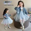 Elegante vestido de mezclilla de manga larga para niña para primavera y otoño, moderno conjunto de vestido de princesa para niños pequeños, atuendo otoñal de moda