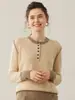 Nuevo Suéter de Cachemira Pura para Mujer Otoño e Invierno con Cuello Redondo Grueso, Mangas de Color Contrastante, Medio Botones, Canalé, Tejido Cálido