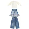 Conjunto de três peças em malha e jeans estilo coreano para meninas, novo conjunto da moda trendy para meninas pequenas, primavera e outono 2026