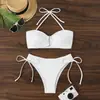 Nuevo Traje de Baño de Dos Piezas Estilo Europeo y Americano Transfronterizo con Cuello Halter, Espalda Descubierta, Color Sólido, Adecuado para Aguas Termales y Playa, Estilo de Atar, Trajes de Baño Amazon