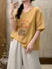 Camiseta de Lino Estampada Estilo Vintage Nueva para Mujer, Corte Holgado, Tallas Grandes, Top Favorecedor y Versátil Venta al por Mayor