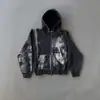 Sudadera con Capucha Estilo Europeo Estampado Floral Oscuro Múltiples Cremalleras Cárdigan de Manga Larga Chaqueta Retro Tendencia Urbana