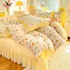 Juego de Colcha de Terciopelo de Leche de Cuatro Piezas Funda de Edredón de Encaje de Invierno Felpa Gruesa de Doble Cara Coral Franela Ropa de Cama
