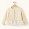 Cárdigan redondo de estilo coreano para otoño, color crema dulce, con botones de colores, bordado de cachorro, encaje y ribete de volantes para niñas