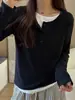 Ropa para mujer de talla grande, que realza los hombros, top tipo dos piezas falso, nueva colección de otoño, capa interior adelgazante de manga larga, camiseta básica de punto, camiseta