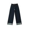 Calças jeans de cintura média retrô de outono europeias e americanas, calças retas, design feminino, punho solto, rolo de ovo, calças largas