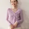 Suéter de Caxemira com Decote em V Jaqueta Tricotada Feminina Outono e Inverno Novo Folha Renda Jacquard Estilo Elegante Casaco Curto