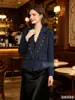 Comercio exterior transfronterizo de Amazon 2026 superventas chaqueta blazer corto de doble botonadura a rayas azul marino de manga larga para mujer