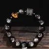 Pulseira de obsidiana prateada natural leão com pedra olho de tigre círculo único maré nacional pulseira masculina joia de texto retrô atacado