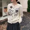 Cardigã de malha jacquard com estampa floral de pônei em estilo cartoon coreano para mulheres, jaqueta suéter de manga comprida com botões e gola redonda para primavera
