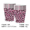 Conjunto de festa de aniversário temático de estampa de leopardo rosa transfronteiriço, pratos de papel descartáveis, copos de papel, guardanapos de papel, talheres, decoração do local