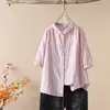 832 Camisa de Gasa de Algodón de Doble Capa a Cuadros de Manga Media con Cuello Pequeño, Nuevo Top Casual de Manga Corta para Mujer de Verano