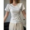 Camiseta Feminina de Verão Petite Estilo Simples Plissada Cinturada Decote V Manga Curta Ajustada Básica Top Curto Versão Coreana