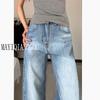 Jeans Retro Azules de Cintura Alta 175 de Largo para Mujer Verano Rectos Ajustados Holgados de Pierna Ancha