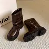 Botines de hebilla de cuero desgastado, estilo nuevo, para mujer, talla grande, de moda, plisados, para otoño/invierno.