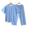 Conjunto de Pijama de Algodón Puro Doble Capa Estilo Japonés, Manga Corta y Pantalón Largo para Mujer, Ropa de Casa Fresca de Gasa de Algodón Sin Estampado, Estilo Rayado Casual