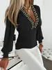 2026 Sitio Independiente Deseo Amazon Más Vendido Otoño Manga Larga Moda Cuello en V Estampada Camisa Blusa para Mujer Ropa de Mujer