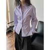 Nova Camisa Listrada Vazada Estilo Coreano Estilo Designer Primavera e Verão Silhueta Top Sexy Emagrecedor para Mulheres