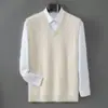Suéter 100% cashmere puro para homens, novo modelo inverno 2026, camisa base gola V, top quente sem mangas casual de negócios para meia-idade