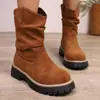 Botas Vaqueras Bordadas Retro de Gran Tamaño con Corte en V para Mujer 2025, Botas de Montar Marrones de Tacón Cuadrado hasta la Mitad de la Pantorrilla para Otoño e Invierno